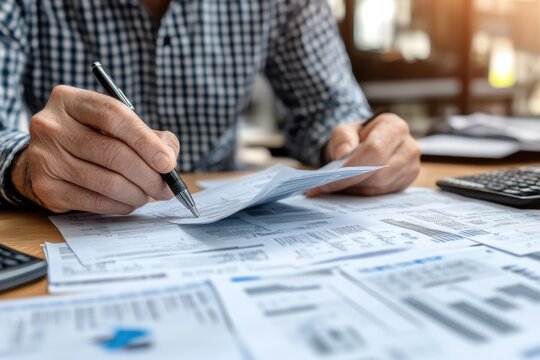 Senior Caucasian male processes financial data while working at a desk with documents and calculators in a bright office, financial data processing over senior caucasian couple checking bills