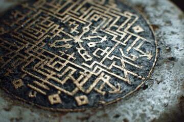 Intricate, golden design on a weathered surface.