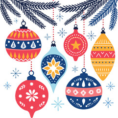 Festive Christmas Ornaments Hanging from Pine Branches with Snowflakes Background