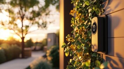 Close-up of a modern doorbell camera mounted on a wall near a leafy bush du sunset showing outdoor security and home technology
