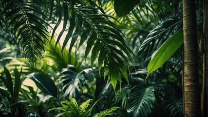 Lush tropical foliage in a dense jungle.