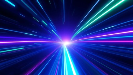 Fototapeta premium 3D neon energy beam background with blue and green light trails accelerating through digital space, minimalist high-tech composition