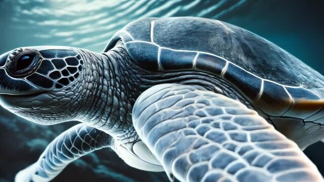 Close-up underwater of a leatherback sea turtle gliding with textured ridged shell and detail.
