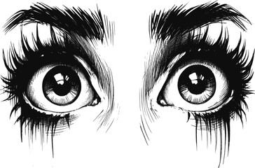 Scared beauty eyes linework ink sketch hand drawn pen drawing vector illustration background