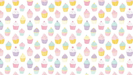 A seamless pattern featuring many pastel colored cupcakes on a white background in a repeating design