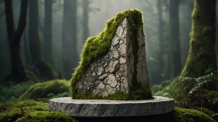 A mossy stone sculpture sits atop a stone pedestal in a misty forest.