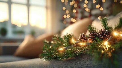 Close-up of festive Christmas garland with pinecones and warm glowing lights decorating sofa in cozy living room