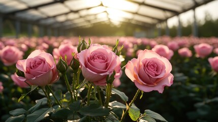 Beautiful Pink Roses Blooming in a Large Greenhouse Filled with Sunlight and Rows of Flower Plants