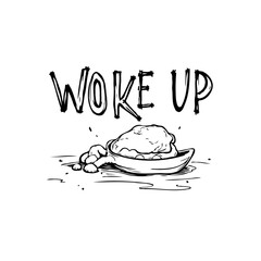 Whimsical illustration of a breakfast scene with 'Woke Up' text and food arrangement