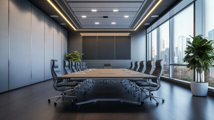 Modern empty office conference room with large glass windows, minimalist furniture, natural daylight, and panoramic city skyline view in a high-rise corporate building




