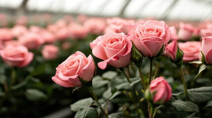 Beautiful pink roses blooming in a lush greenhouse with vibrant green leaves and delicate petals