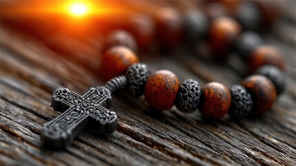 Wooden Rosary Beads with Cross on Rustic Wooden Background