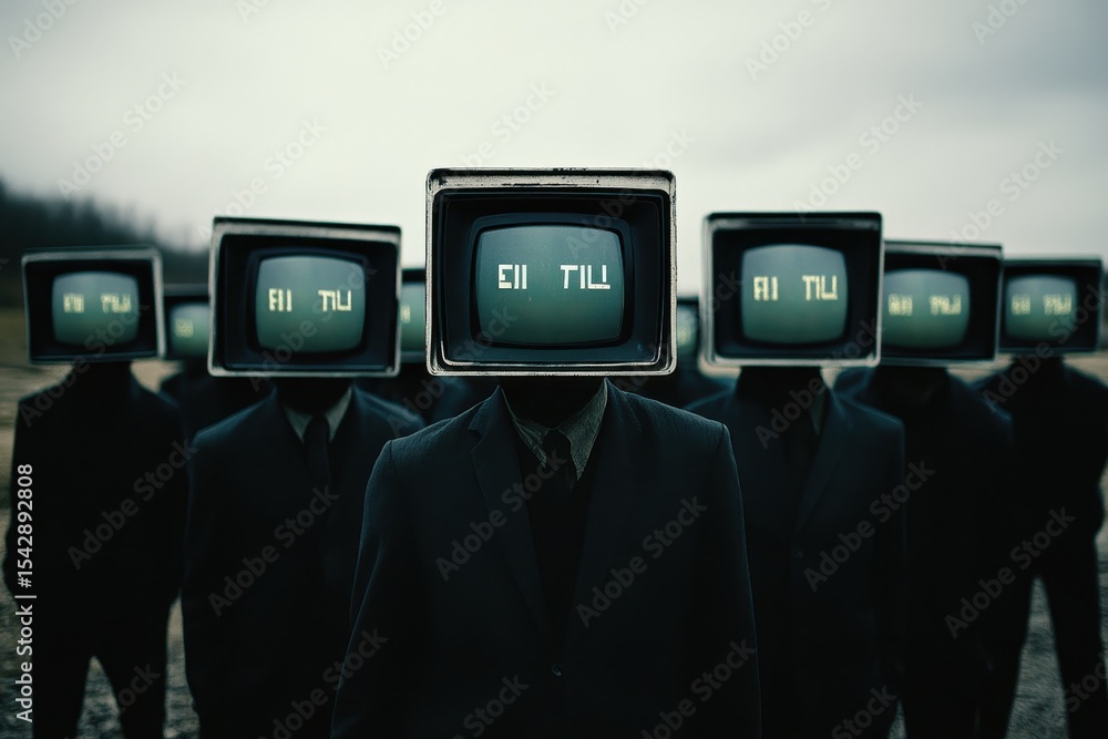 Poster group of people with monitor heads stands in a foggy landscape while displaying cryptic messages, a 
