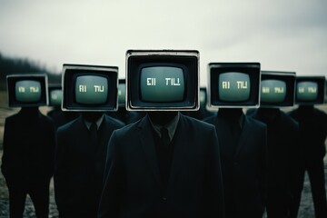 Group of people with monitor heads stands in a foggy landscape while displaying cryptic messages, a group of people with monitors instead of heads