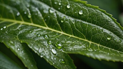 Close-up view of a leaf covered in water droplets.