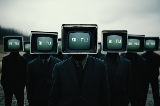 Group of people with monitor heads stands in a foggy landscape while displaying cryptic messages, a group of people with monitors instead of heads