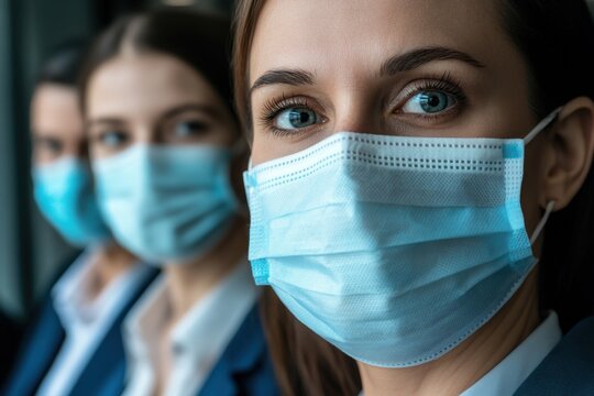Business team holds meeting while wearing protective masks in a modern office environment, business team using protective masks at a meeting in a coworking center