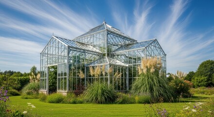 Beautiful Glass Greenhouse with Lush Garden Surroundings