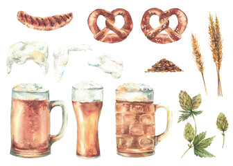 Germany drink and snack set. Mug and glass of beer with foam with traditional salted pretzel, sausage, malt and hops natural ingredients for brewing. Watercolor hand painted Isolated illustration