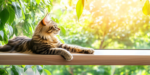 Beautiful fluffy cat resting in cozy sunlight on wooden ledge with vibrant greenery in background