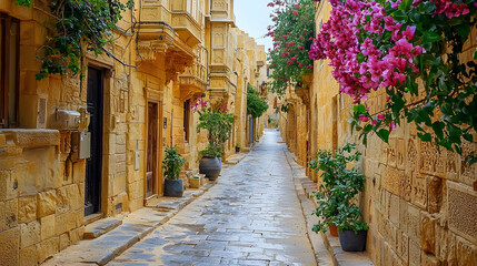 Obraz premium Narrow street with old haveli houses historical Indian houses in Jaisalmer. Jaisalmer is known