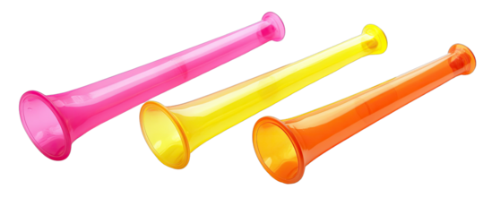 Three bright, colorful plastic horns