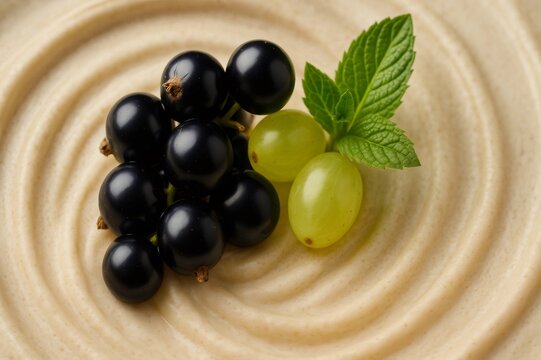 Black currant, green grapes and mint leaves decorating a beige mousse