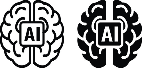 Stylized Split Brain Icon with AI Text – Minimalist Line Art Vector in Monochrome