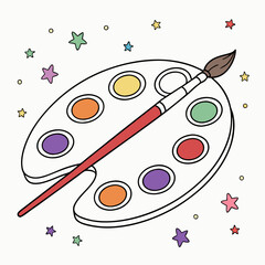 Artistic palette with colorful paints and a brush on a whimsical background