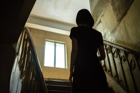 Asian woman walks up stairs in her home during daylight, Asian woman walking on the stairs at home