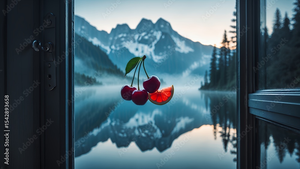 Poster cherries and citrus with mountain lake view through open window