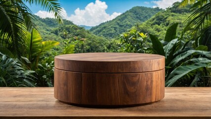 Wooden round table against a lush forest backdrop.