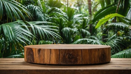Wooden pedestal in a tropical forest background.