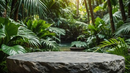 Gray stone table in a lush tropical garden.