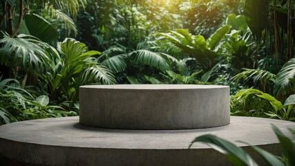 Gray concrete podium surrounded by lush green foliage.