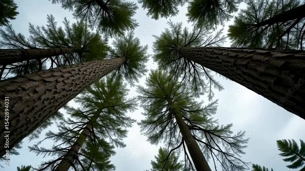 Poster a low-angle view capturing tall trees reaching towards a cloudy sky.