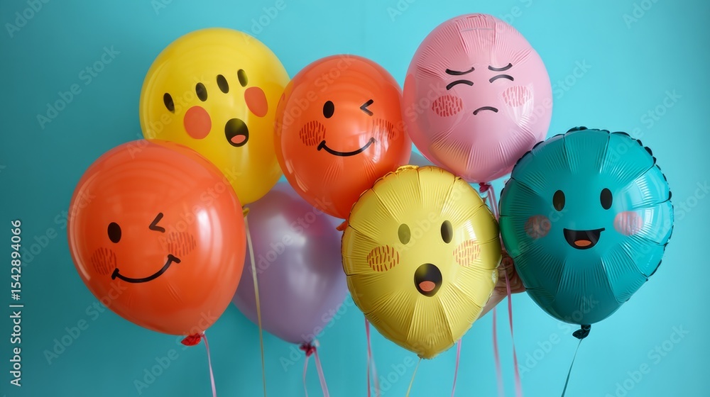 Poster bunch of balloons with different faces on them, including a frowning one. the balloons are arranged 