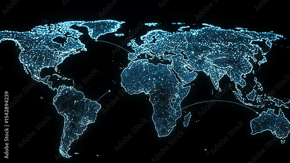 Poster Global network connection. World map showing interconnected data flow, data packets fly from one country to another. Digital communication system graphic footage for technology concept.