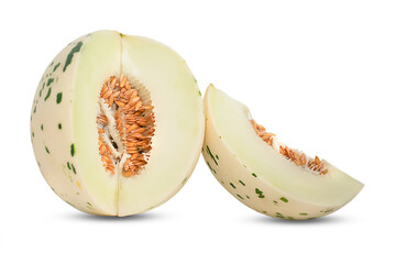 Cut fresh ripe melon isolated on white. Dalmatian melon. Dino melon.