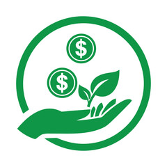 Green Circular Icon Depicting a Hand Holding a Growing Plant with Two Dollar Coins Above
