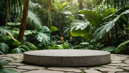 Gray concrete podium in a lush tropical garden.