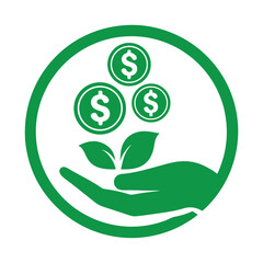 Green Circular Icon Depicting a Hand Holding Growing Money and Leaves Representing Financial Growth and Sustainability