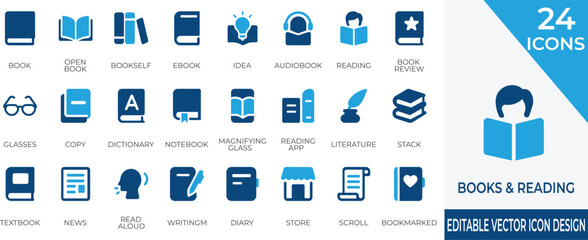 Modern flat vector icon set featuring books, e-readers, bookmarks, and reading accessories. Perfect for educational platforms, libraries, digital publishing, and reading apps.
