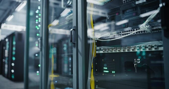Close Up Data Center Storage Facility with Server Cabinets in an Automated Workplace. Supercomputer Cluster Built for Training Artificial Intelligence Large Language Models and Compute Data