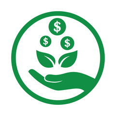 Green Circular Icon Depicting Growth Investment Dollar Signs Above Green Leaves in a Hand