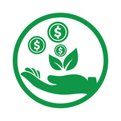 Green Circular Icon Depicting Hand Holding Growing Money Plant with Dollar Coins vector