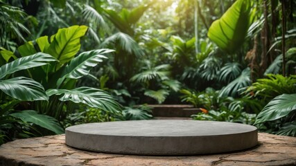 Gray concrete pedestal in a lush tropical garden.