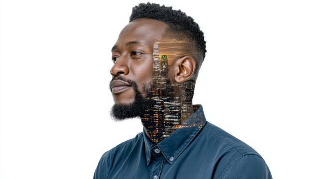 Man with a beard and a blue shirt is looking at the camera. The image has a futuristic feel to it, with a cityscape in the background