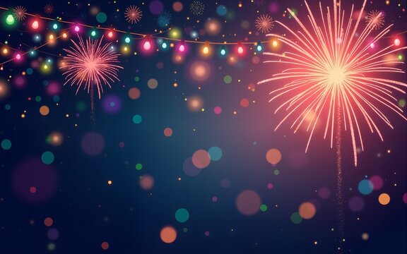 Abstract new year background with colorful fireworks and christmas lights. Vector festive illustration. High quality