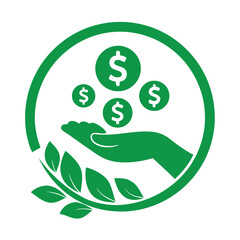 Green Circular Logo Featuring Hand Holding Dollar Coins and Leaves symbolizing Financial Growth and Nature